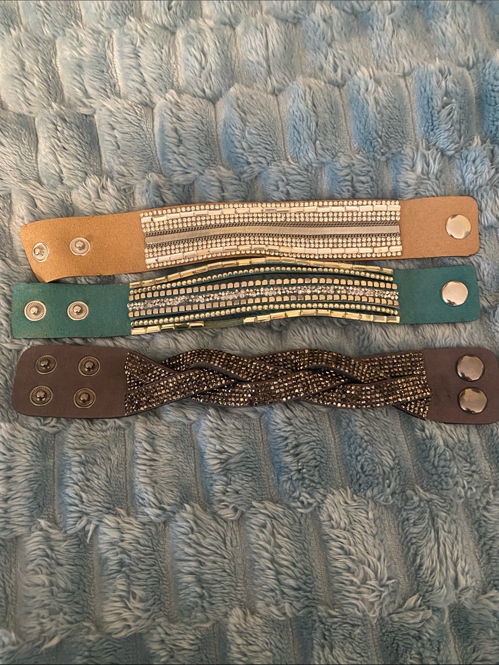 Rhinestone Snap Cuff Bracelet Trio — Dark Grey, Teal, & Tan w/ Rhinestones.